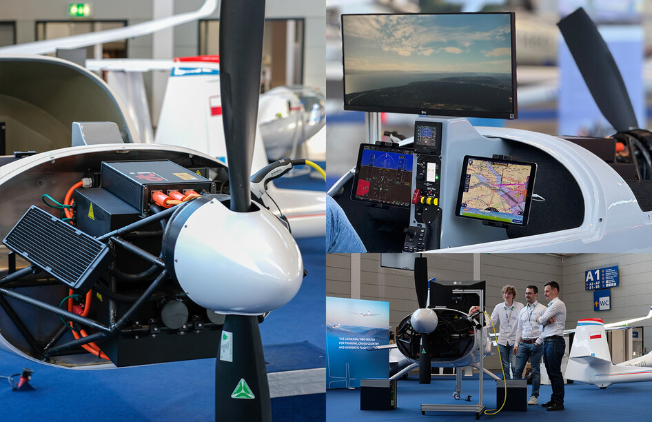 Elektro-TMG (Motorsegler) mit Präsentationsmonitoren auf der AERO 2025 Messe.
